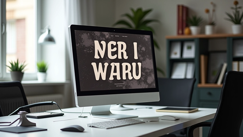 Modernes Büro mit experimentellem Webdesign auf Bildschirmen, minimalistisches Setting mit übergroßer Typografie